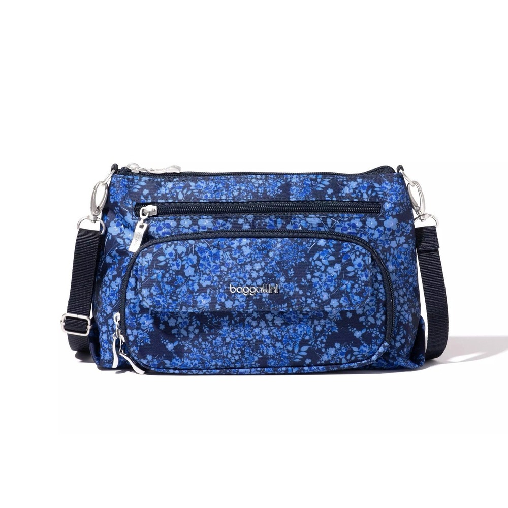NWOT Baggallini Everyday Bag Crossbody Blue Flowers RFID Grab & Go Phone Pocket